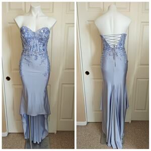 Amelia Couture periwinkle embellished strapless high low gown sz 2